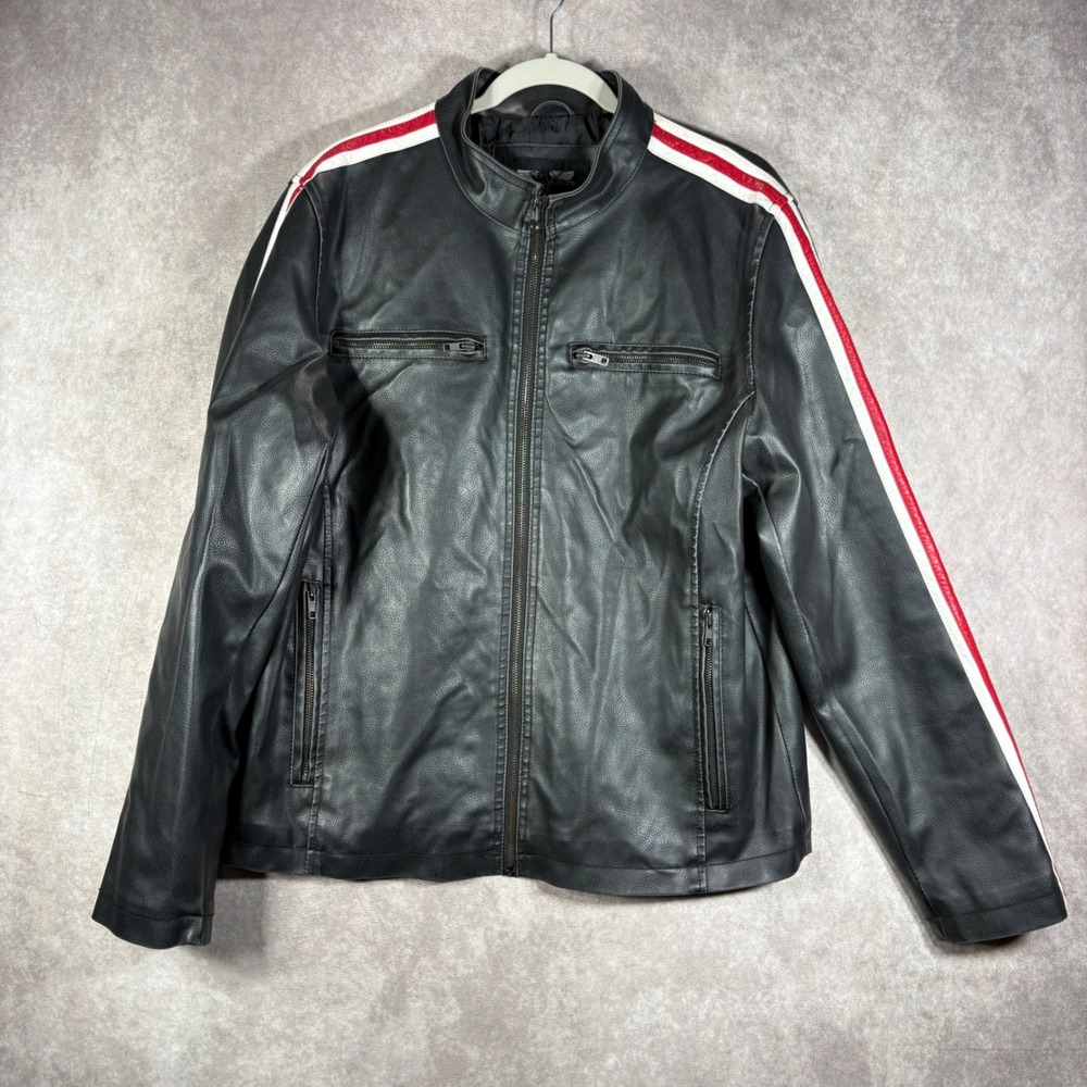 Wilsons Leather Jacket Mens Large Black Faux Leather Moto Racing Stripe Biker